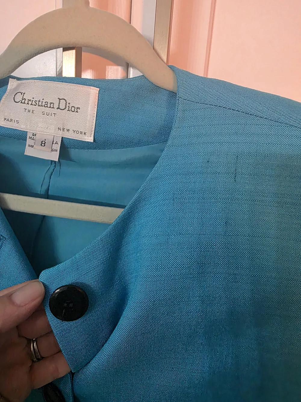 Vintage Christian Dior Women's Teal Collarless Jacket